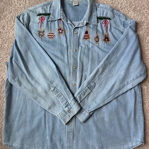Vintage Christmas Embroidered denim Button Down Shirt